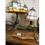 Set of vintage chemist's scales, Tiffany style lamps and old spectacles