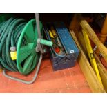 Large garden hose reel, metal cantilever toolbox with contents and a wooden tool carry etc