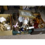 Three boxes of mixed porcelain, ornamental items, table lamps, glassware
