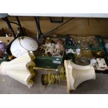 Three boxes of mixed porcelain and glassware and a quantity of table lamps