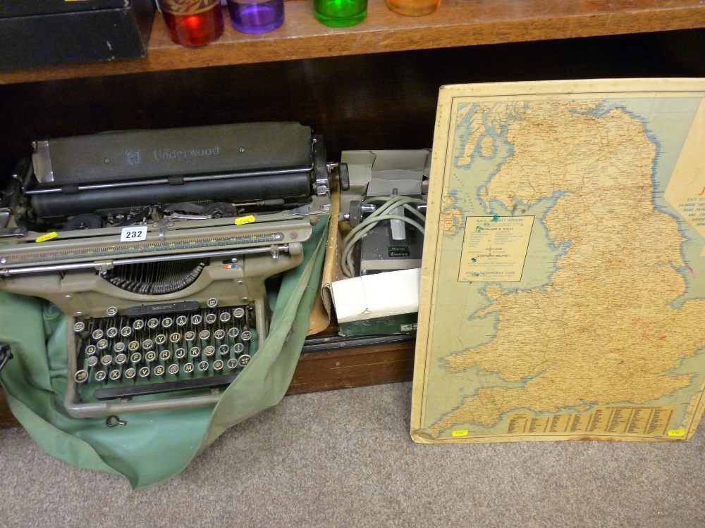 Vintage Underwood typewriter, boxed Rank Electra projector and a vintage RAC map