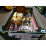 Box of miscellaneous household and decorative items including a treen biscuit barrel, retro