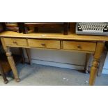 Vintage light oak three-drawer side / hall table on turned legs Condition reports provided on
