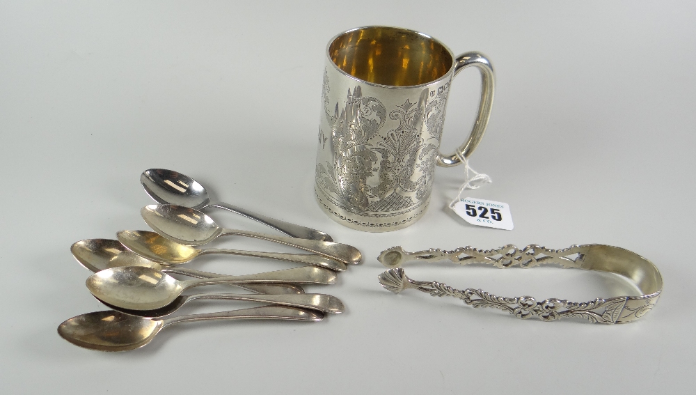 A foliate engraved silver mug with HMY monogrammed cartouche, 4.3ozs; a pair of pretty silver