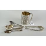 A foliate engraved silver mug with HMY monogrammed cartouche, 4.3ozs; a pair of pretty silver