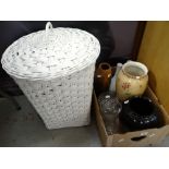 A modern white painted linen basket, toilet roll holder, bin ETC together with a collection of glass