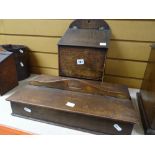 A nineteenth century oak candle box and similar period cutlery box with twin-lidded compartments