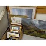 A parcel of framed prints and pictures together with an unframed oil of cattle grazing (A/F)