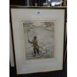 HENRY WILKINSON limited edition (42/75) coloured etching - fisherman wading in a river in red jacket