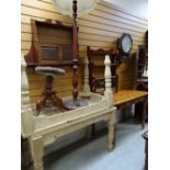 A parcel of furniture to include hanging trinket shelf with carved cupboards, honey pine table
