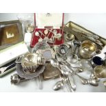 Box of assorted silver and silver plate to include strainer, photograph frame, loose cutlery,
