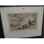 HENRY WILKINSON limited edition (68/75) coloured etching - fly fisherman on a bank in red tunic,