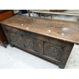 An early nineteenth century carved oak coffer chest, probably Welsh (very distressed internally