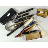 A parcel of fountain pens and others including Parker, a leather cigar case ETC Condition reports