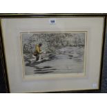 HENRY WILKINSON limited edition (72/75) coloured etching - fly fisherman casting while wading