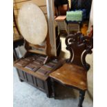 An antique shield-back mahogany hall chair, a circular tilt-top occasional table, a small panelled