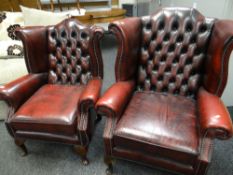 A pair of ladies and gents studded burgundy leather club-style armchairs Condition reports