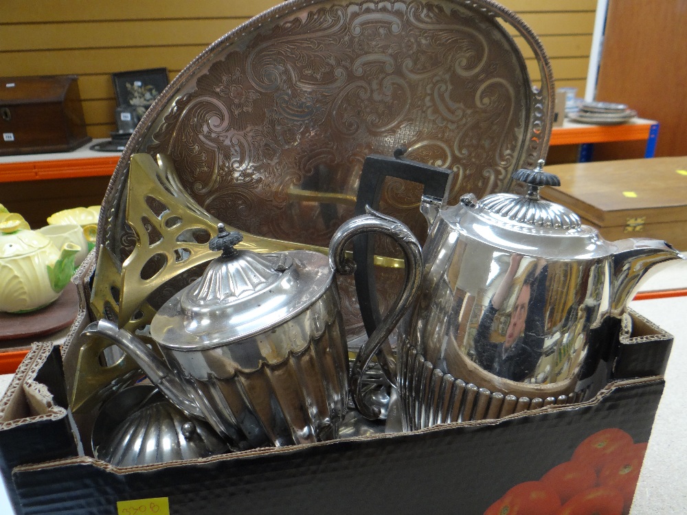 Box of assorted metalware including silver plate & pair of brass candlesticks