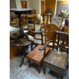 Two similar circular topped tripod tables, a commode chair and wash basin stand Condition reports