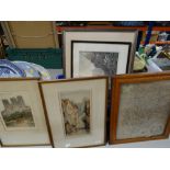 Crate of framed prints and pictures together with a framed KEITH ANDREW print - entitled 'The Old