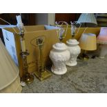Parcel of table lamps and shades including Spanish white pottery pair, antique Corinthian column