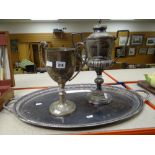 A large oval twin-handled EPNS tray together with two large EPNS trophies Condition reports provided