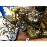 Tray of various metalware including brass hanging scales, inkwell, miner's watch case ETC