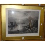 J A PRIOR antique etching, with OUF blind stamp - maritime scene with coastal view and many