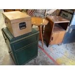 A restored and painted empty gramophone cabinet, a small vintage pine box with compartmented