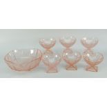 An early twentieth century pink glass trifle-set comprising footed bowl and six sundae dishes (BBC