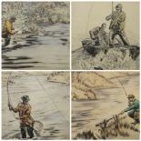 Four signed etchings AFTER HENRY WILKINSON of anglers in action, all framed Condition reports