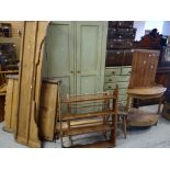 A parcel of pine furniture including continental bed with sides & ends, demi-lune wash stand, corner
