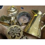 Box of brass items including jug, trivet, planter, biscuit barrel ETC Condition reports provided