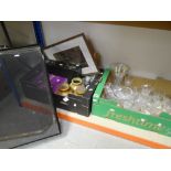 A box of glassware, a box of stoneware pottery and Wedgwood ETC & two fire guards (proceeds to Wales