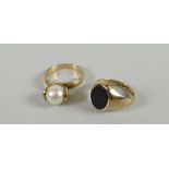 Small 9ct yellow gold signet ring and a similar with pearl setting Condition reports provided on