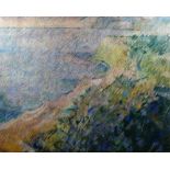 EMRYS PARRY pastel on brown paper - North Wales coastal scene, entitled verso 'Nefyn Cliff Walk',