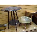 A simple rustic joined oak stool, a brass Benares tea table on a folding naturalistic base and a