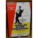 A framed theatre poster for Ian McKellen Acting Shakespeare, signed 'Best wishes' by the actor, 52 x