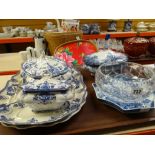 A parcel of blue and white dinnerware and blue and white shaped Chinoiserie dish and cut glass