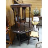 Two similar vintage octagonal occasional tables and a small vintage spindle back upholstered chair