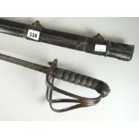 An antique British naval sword & scabbard with shagreen and wire work handle and scrolling metal