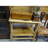 A vintage small railback pine washstand, 71cms wide together with a vintage oak writing / paint