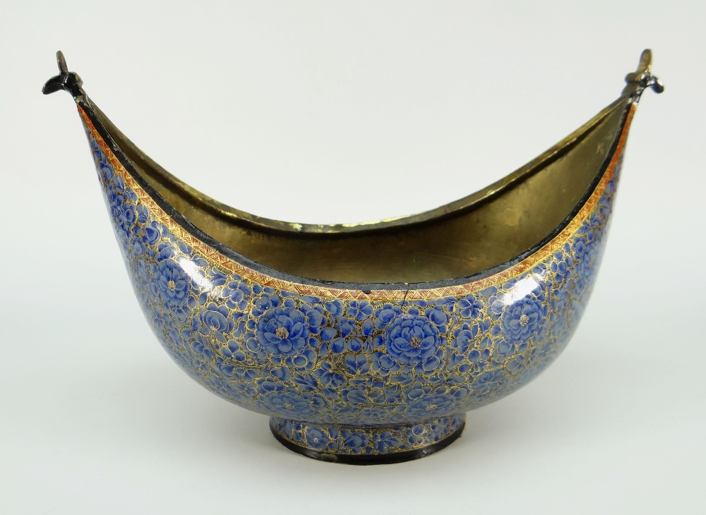 An early to mid twentieth century lacquer-ware kashkul with metallic lining, the body profusely