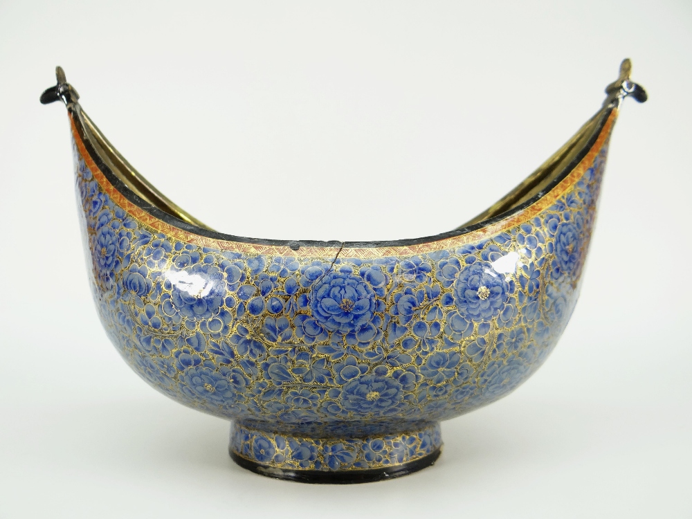 An early to mid twentieth century lacquer-ware kashkul with metallic lining, the body profusely - Image 2 of 3