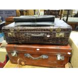 A good red leather vintage suitcase and crocodile leather document case Condition reports provided