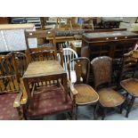 A parcel of mixed chairs including three hoop-back kitchen chairs and a two-door glazed vintage