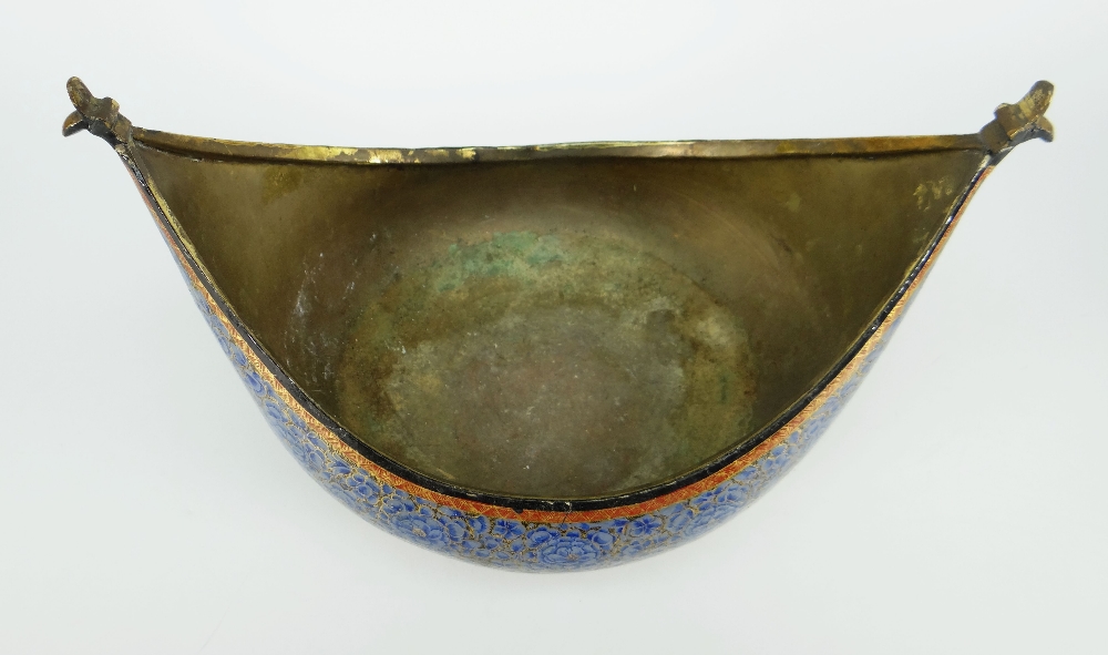 An early to mid twentieth century lacquer-ware kashkul with metallic lining, the body profusely - Image 3 of 3