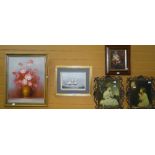 Framed oil on canvas of flowers, two reproduction prints of children ETC Condition reports