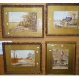 Various primitive watercolours in three matching frames and another together with sundry pictures (