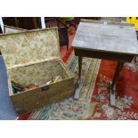 A PITCH PINE CARPENTER'S TOOLBOX with wallpaper lined interior and a few old hand tools and a
